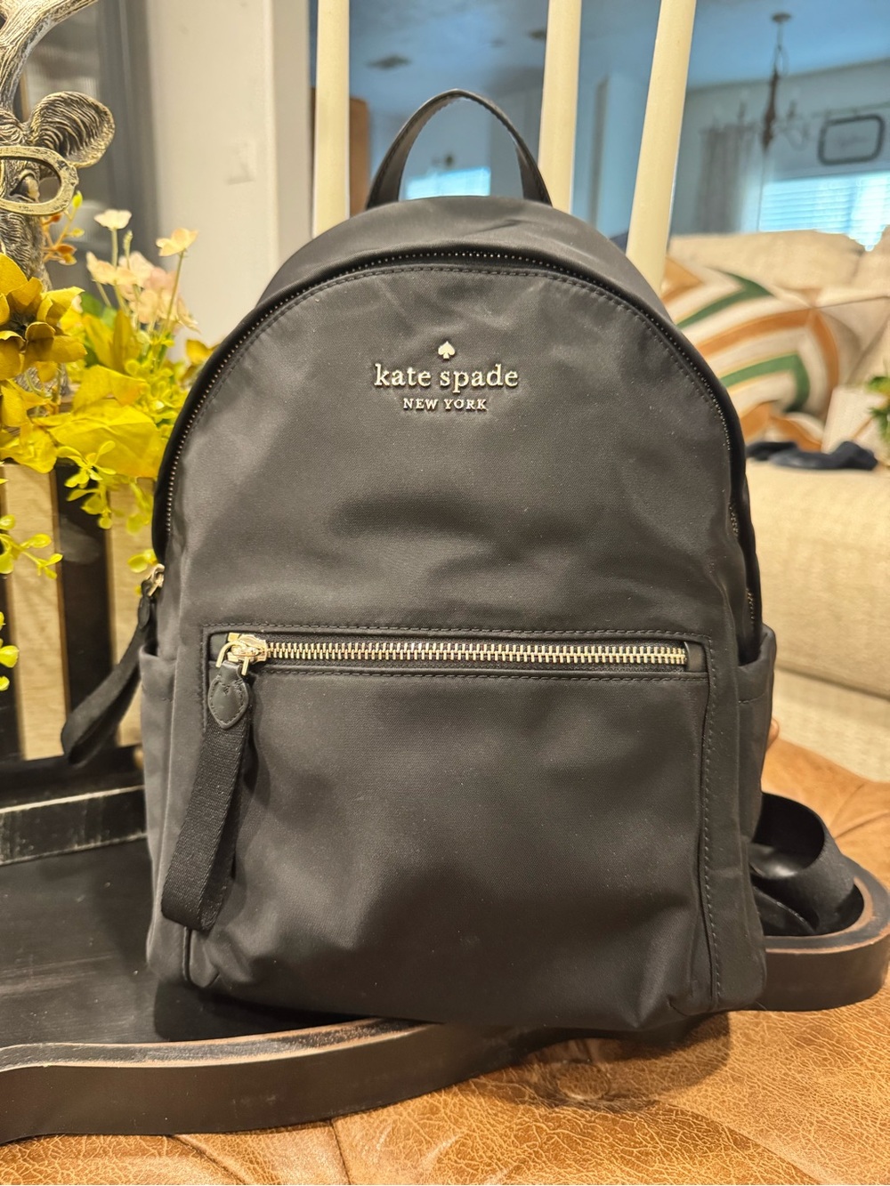 kate spade black nylon medium backpack with gold-tone logo
